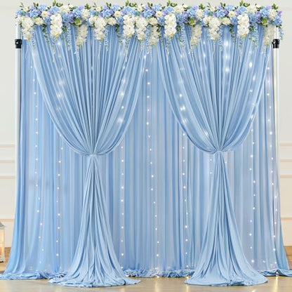 20 x 10ft Baby Blue Backdrop Curtains with Lights String - color: Baby Blue, size: W5' x H10'(4 panels)