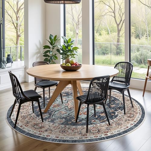 Small 4ft Round Rug: Washable Circle Rug 4ft with Non Slip Backing Playroom - color: Blue/Teal/Orange, size: 4' (Round)