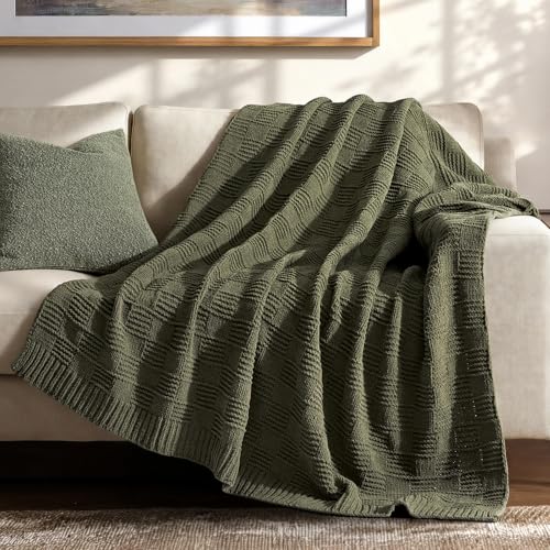 EVERGRACEHOME Modern Checkered Chenille Throw Blanket, 60x80, Olive Green - color: Olive Green, size: 60" X 80"
