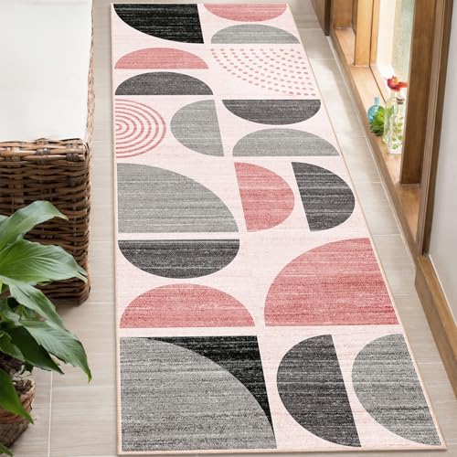 MUJOO Pink Runner Rug Washable,Boho 2x6 Area Rugs Non Slip Modern Abstract - color: Pink and Grey, size: 2' x 6' (Rectangular)