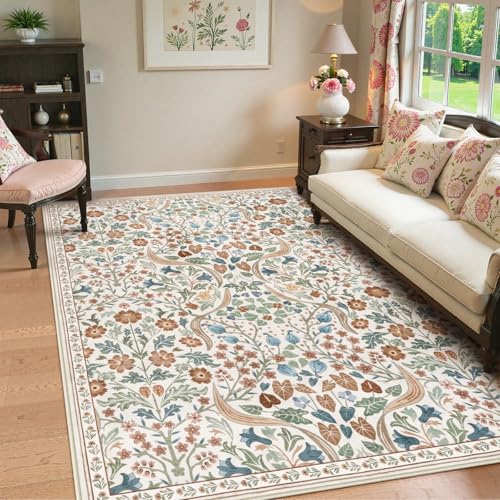 Lahome Claude Floral 5x7 Beige Bedroom Rug, Non-Slip Washable Area Rugs for Nursery, Botanical Soft Boho Carpet Floor Mats for Kids, Playroom, Living Room - color: Beige, size: 5' x 7'