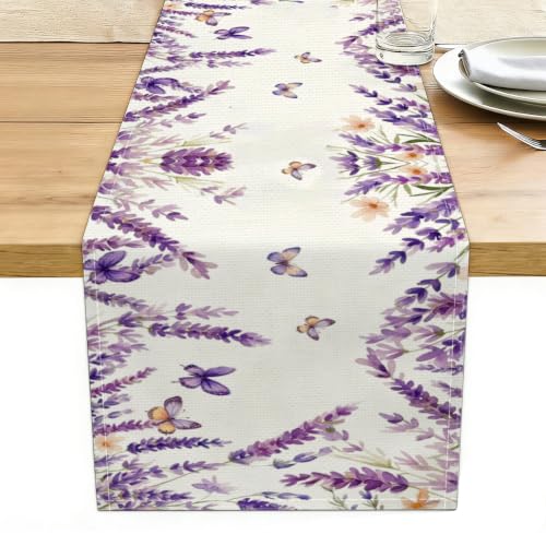 Purple Lavender Floral Butterflies Spring Table Runner, Purple Decor - color: Watercolor Lavender