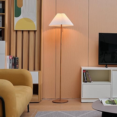 Globe Electric 61000053 62" Floor Lamp, Wood-Toned Finish, Pleated Fabric Shade, Pull Chain Switch, Reading Light, E26 Base, Modern Classic Lighting for Living Rooms and Bedrooms - color: Wood Toned, Oren