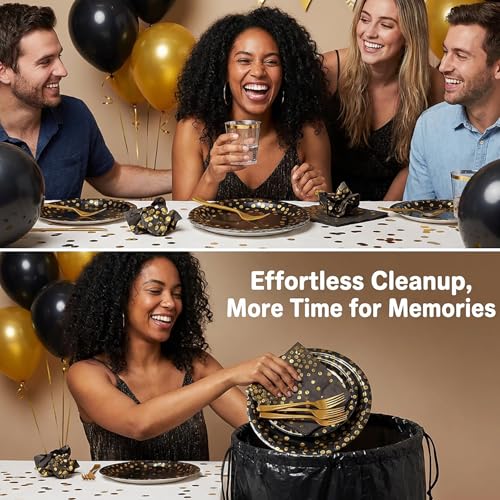 100pcs Black and Gold Plates and Napkins Halloween Party supplies - color: Black/Gold