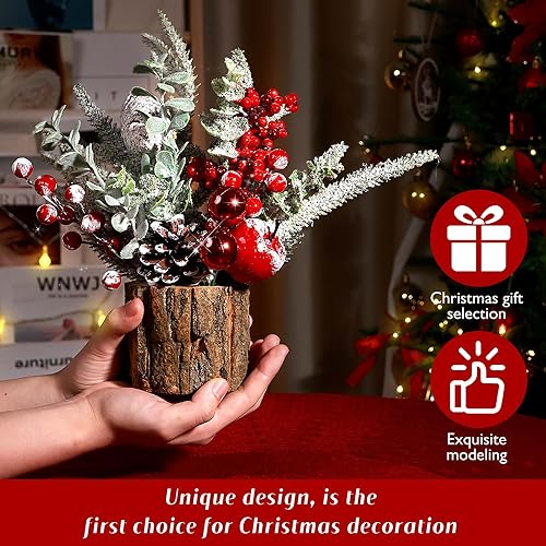Small Christmas Tree Tabletop Artificial Mini Christmas Tree Decorations with Holiday Ornaments Red Berry Pine Cone Greenery for Home Indoor Fireplace Mantel Xmas Decor (2pcs -Tree Stump-Red) - color: 2pcs -Tree Stump-red