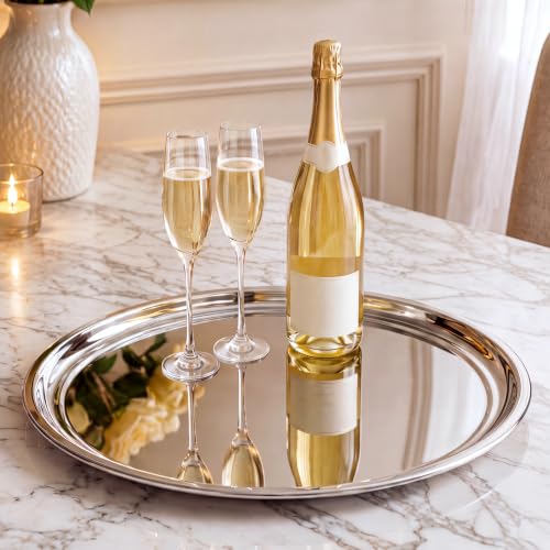 Lemonroad 2 Set Round Silver Mirror Serving Tray 19.69 Inches - size: 19.69 Inches