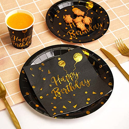 200 pieces of black and gold birthday party supplies, disposable happy birthday tableware set, gold plastic knives, forks, spoons, straws. Birthday themed tray, cup,25Guests (black) - color: Black