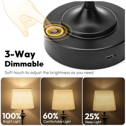NIORSUN Portables Cordless Table Lamp Set of 2,10.2" Flaxen Fabric Shade Battery Operated Lamp,5200mAh Bedside Table Lamp with Warm White,3 Way Dimmable Touch Desk Lamp for Living Room (Black) - size: 2Pack-10.2in