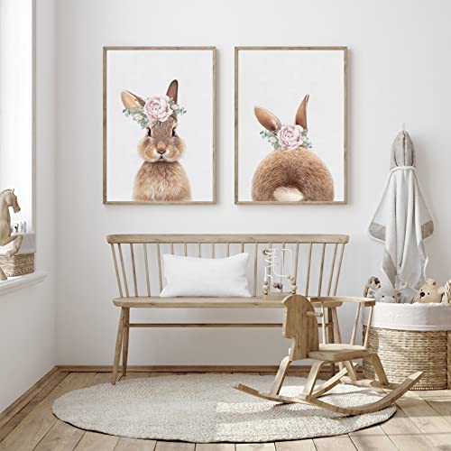 Joocrise Bunny Rabbit Wall Art Baby Girl Nursery Wall Art UNFRAMED Nursery Canvas Prints Bunny Pictures for Nursery Room Decor Artwork Baby Woodland Animal Pictures 12x16 Inch Set of 2 - color: Nursery Rabbit Prints, size: 16"L x 12"W