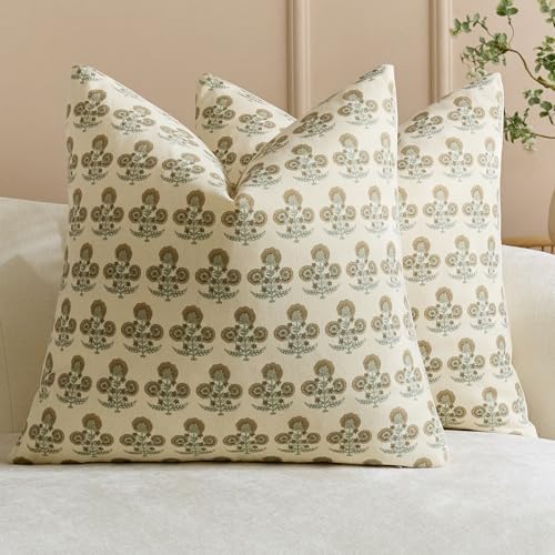 Vintage Floral Pillow Covers 16x16 Set of 2 Farmhouse Block Print Decorative Throw Pillow Covers Rustic Cushion Covers Neutral Accent Couch Pillows for Living Room Sofa Bed Decor Muted Taupe - color: Vintage Muted Taupe, size: 16" x 16" (Pack of 2)