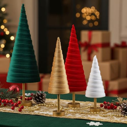 Hoolerry 4 Pcs Christmas Velvet Trees with Gold Pedestal, Classic Xmas - color: Classic Xmas