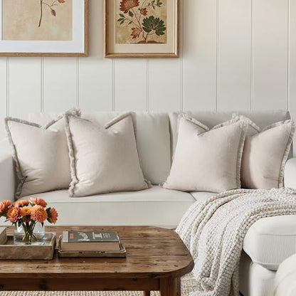 MIULEE Fall Linen Fringe Pillow Covers Set of 4 18x18 Neutral Beige - color: Neutral Beige, size: 18" x 18" (Pack of 4)