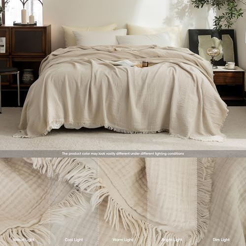 FOSSA Muslin Blanket 4-Layer 100% Cotton Gauze Blanket with Fringe 66"x90" - color: Beige, size: Twin XL (66" × 90")