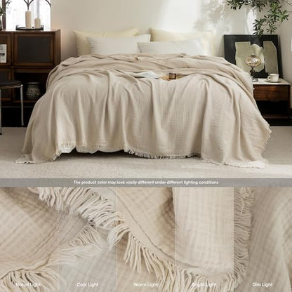 FOSSA Muslin Blanket 4-Layer 100% Cotton Gauze Blanket with Fringe 50"x70" - color: Beige, size: Throw XL (50" × 70")