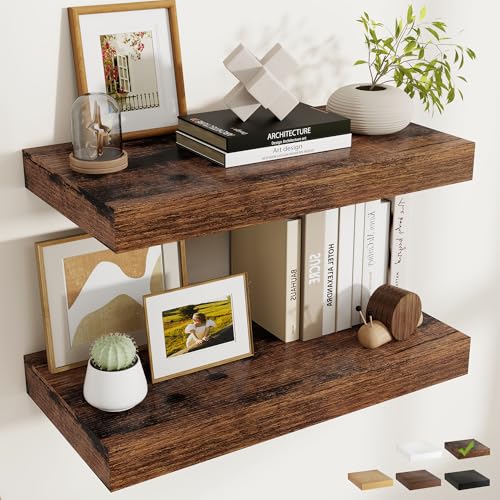 24 Inch Long Floating Shelves for Wall Set of 2, 12"D Wood Grain Shelves - color: Rustic Brown, size: 24"Wx12"Dx2"H, 2P