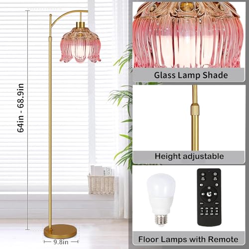 QIYIZM Pink Floor Lamp for Living Room,Bedroom,Gold Dimmable Standing Lamp with Remote,Mid Century Modern Brass Tall Lamp Boho Floor Lamps Arc Stained Glass Flower Floor Light Lamp Girls kids Bohemian - size: Floor Lamp--11