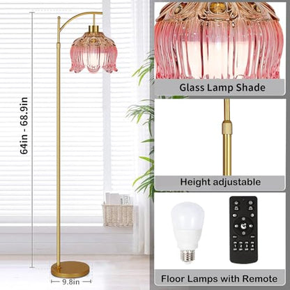 QIYIZM Pink Floor Lamp for Living Room,Bedroom,Gold Dimmable Standing Lamp with Remote,Mid Century Modern Brass Tall Lamp Boho Floor Lamps Arc Stained Glass Flower Floor Light Lamp Girls kids Bohemian - size: Floor Lamp--11