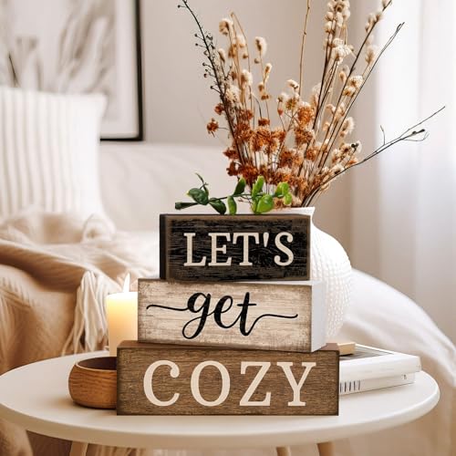 Moucuny 4 Pcs Farmhouse Table Decor Inspirational Wood Signs Let's Get Cozy - style: Let's Get Cozy