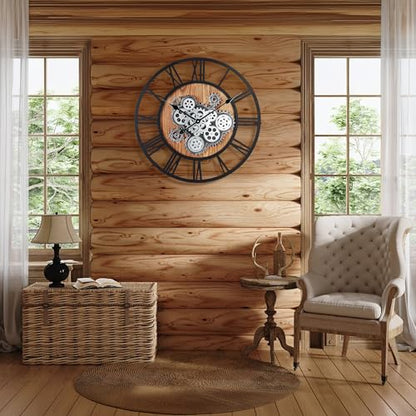 Lafocuse 23 Inch Steampunk Large Wall Clock with Moving Gears Wooden Brown