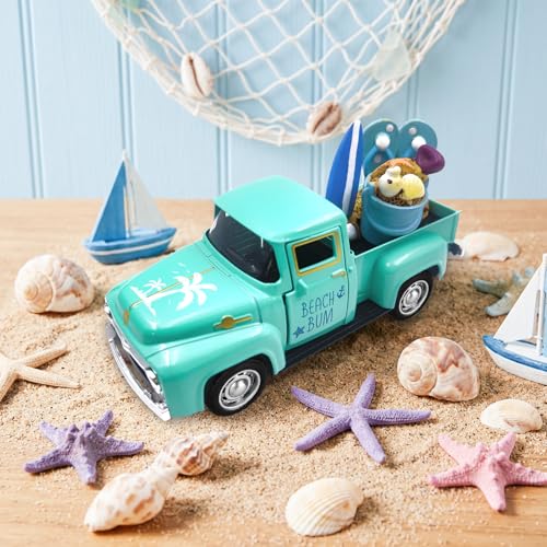 Beach Decor Metal Truck with Mini Fake Beach Buckets Surfboards Flip Flops - color: Beach - Aqua Blue