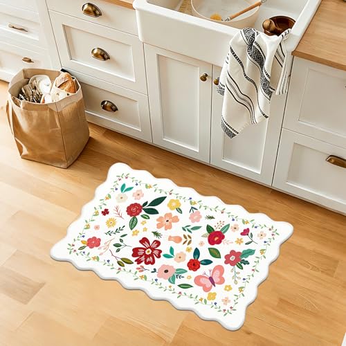 Vintage Floral Scalloped Kitchen Rugs, Set of 3, White - color: White, size: 18"x30"+18"x48"+18"x60"