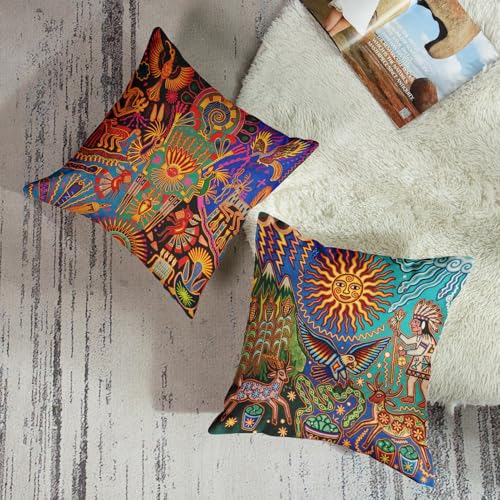 Sanwarm Linen Throw Pillow Covers Set of 4, 20 x 20 Inch, Ethnic Leaf - color: Mexico Boho, size: 20" x 20" (Pack of 4)