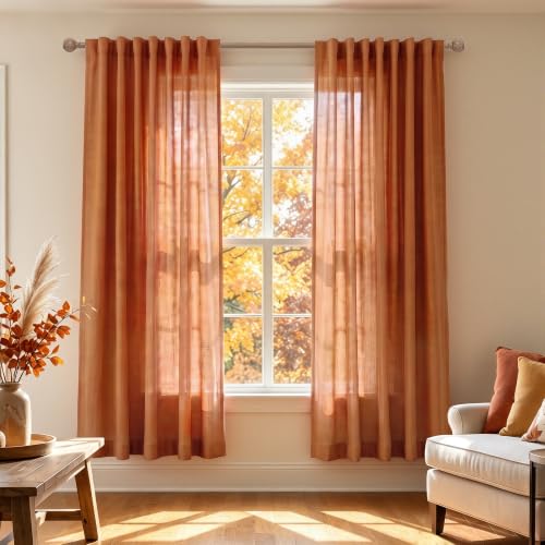 Burnt Orange Linen Curtains 63 Inch Length for Bedroom, Boho Fall Earthy Colors 70s Light Filtering Weight Semi Sheer Curtains for Living Room 2 Panels Set, Pumpkin Dark Orange Autumn Decor - color: Orange, size: 52"W x 63"L (Pack of 2)