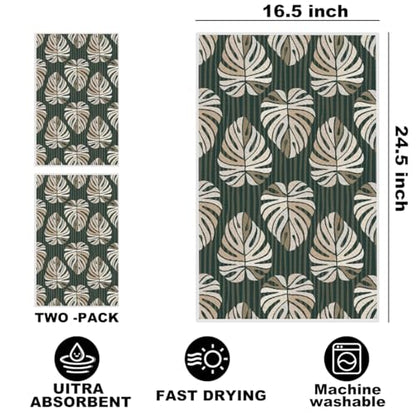 2 Pcs Tropical Palm Leaf Kitchen Towels, Green Stripe Decorative Dish Towel - color: Multi 1396