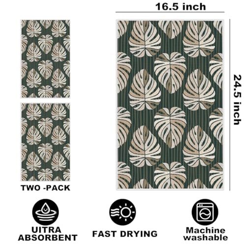 2 Pcs Tropical Palm Leaf Kitchen Towels, Green Stripe Decorative Dish Towel - color: Multi 1396