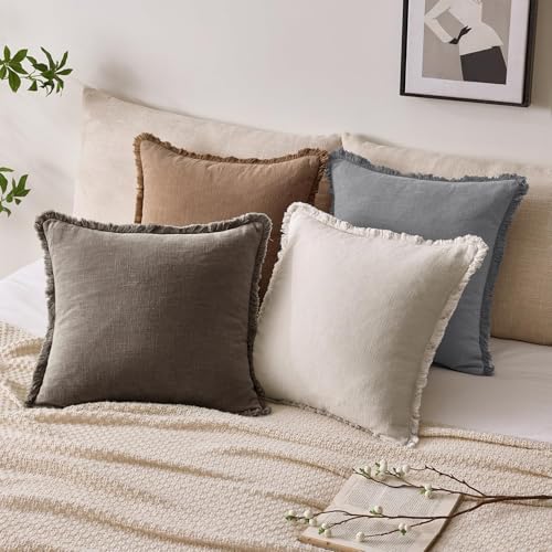 Linen Fringe Throw Pillow Covers 18x18 Inch Set of 2,Coffee - color: Coffee, size: 18" x 18" (Pack of 2)