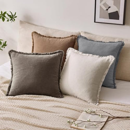 Linen Fringe Throw Pillow Covers 18x18 Inch Set of 2,Coffee - color: Coffee, size: 18" x 18" (Pack of 2)