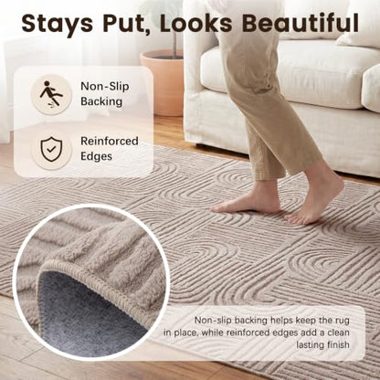Etwel 6.5 ft Taupe Geometric Textured High-Low Pile Washable Round Rug - color: Neutral Taupe, size: 6'5"