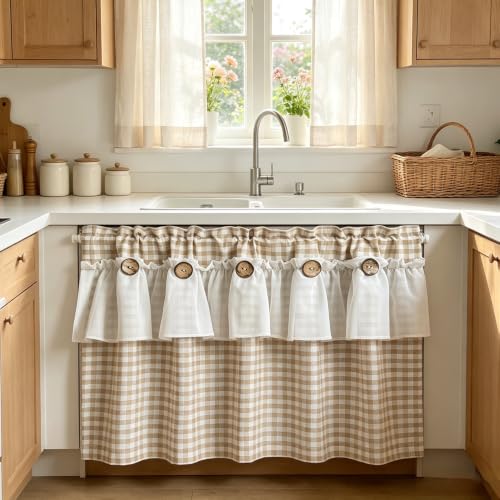 Beige Gingham Checkered Kitchen Short Curtain with Ruffle & Wooden Buttons - size: 39"W x 20"L (Pack of 1)