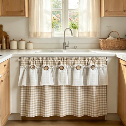 Beige Gingham Checkered Kitchen Short Curtain with Ruffle & Wooden Buttons - size: 39"W x 20"L (Pack of 1)
