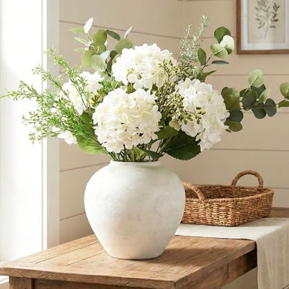 Large White Vase for Centerpieces - 11" Wide Textured Stone Look - color: White Large Brushed