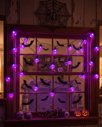 12FT Halloween Purple Spider String Lights, Plug-in 20 LED Decor - color: Purple Spider Lights