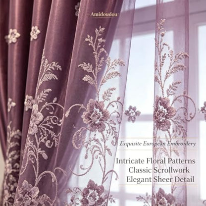 Amidoudou 1 Pair European Double Layer Curtains for Living Room Bedroom Luxury Flower Embroidered Curtains with Valance (Purple,54x106 Inch) - color: Purple, size: 54"W x 106"L (Pack of 2)