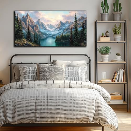 MXUNYZ Green Pine Tree River Mountains Canvas Wall Art for Living Room - color: Blue Green, size: 48"L x 24"W