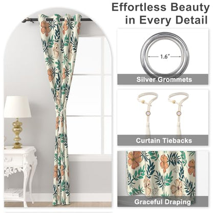 Spring Floral Blackout Curtains for Bedroom and Living Room, Farmhouse Thermal Insulated Black Out Curtains 84 Inch Length 2 Panels Set, Room Darkening Privacy Soundproof Curtains with Two Tiebacks - color: Flowers and Leaves