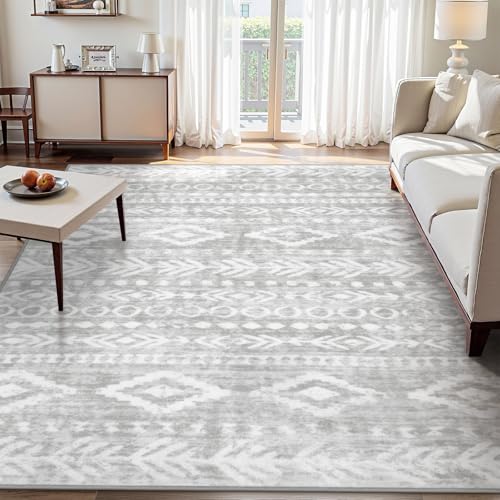Lahome Boho 8x10 Rugs for Living Room, Ultra-Thin Soft Bedroom Rug Grey Moroccan Tribal Print Playroom Rug Washable, Large Farmhouse Indoor Floor Carpet for Office Nursery Dining Room Varena - color: Grey/White, size: 8' x 10'