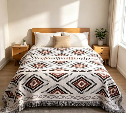Luxlovery Beige Bohemian Sofa Throw Blankets Ethnic Woven Boho Geometric White and Khaki Throw Blanket for Couch Aztec Bed Throws Oversized Chair Sofa Cover with Tassels(70"x90") - color: Mocha, size: 70"x90",180x230cm