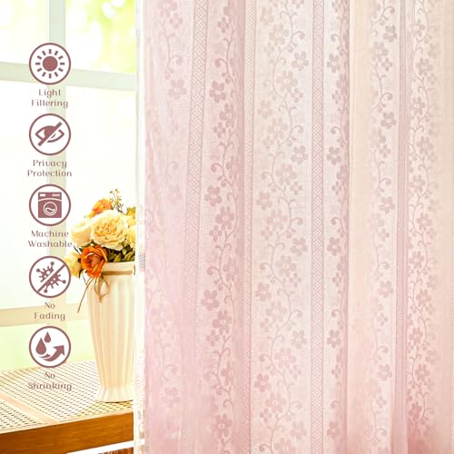 ASPMIZ Linen Pink Kitchen Tier Curtains 36 Inch Length, Double Layered Kitchen Curtain with Linen and Lace, Rod Pocket Window Curtains with Tiebacks, Boho Window Treatments for Bathroom Cafe, 2 Panel - color: Light Pink, size: 26"W x 36"L (Pack of 2), sty