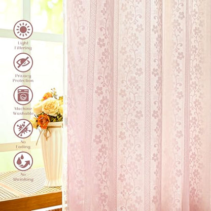 ASPMIZ Linen Pink Kitchen Tier Curtains 36 Inch Length, Double Layered Kitchen Curtain with Linen and Lace, Rod Pocket Window Curtains with Tiebacks, Boho Window Treatments for Bathroom Cafe, 2 Panel - color: Light Pink, size: 26"W x 36"L (Pack of 2), sty