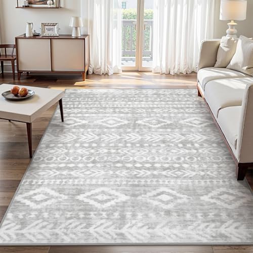 Lahome Boho Moroccan 6x9 Area Rugs, Ultra-Thin Washable Living Room Rug Soft Rugs for Bedroom Stain Resistance, Farmhouse Tribal Print Grey White Indoor Floor Carpet for Playroom Nursery Varena - color: Grey/White, size: 6' x 9'
