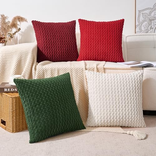 Kevin Textile Christmas Throw Pillow Covers Pack of 4 Super Soft Boho Corduroy Decor Pillow Cases Mix and Match Colors Plush Texture Pillows for Sofa Couch Living Room Chair 18x18 Inch, Red Green - color: A-red Green, size: 18" x 18" (Pack of 4)