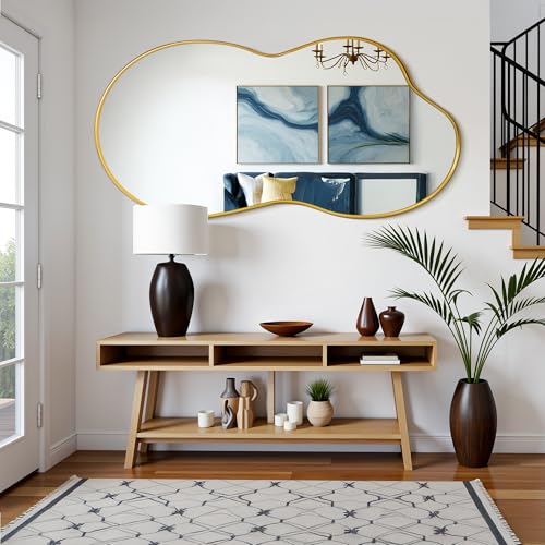 Suidia Irregular Wall Mirror, 55"x28" Bathroom Mirror Asymmetrical Mirrors Artistic Mirrors Decorative for Living Room Bedroom Bathroom Hallway Entryway, Gold, Cloud Style - color: Gold, size: 55"L x 28"W