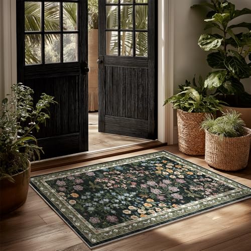 Machine Washable Throw Rugs for Entryway: Door Mat Indoor Entrance 2x3 Rug Small Area Rug Non-Slip Low Pile Kitchen Rug for Front Door Indoor Entrance Kitchen Bedroom Kids Room - color: Floral-dark Green, size: 2' x 3' (Rectangular)