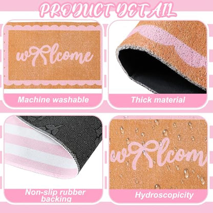 Tinideya 2 Pcs Pink Welcome Mats for Front Door Pink Stripe Layered Doormat - color: Pink