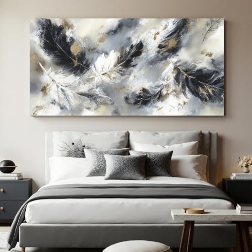 YISXINOAG Black White Abstract Wall Art Modern Feather Painting 29"X58" - color: black grey, size: 58"L x 29"W