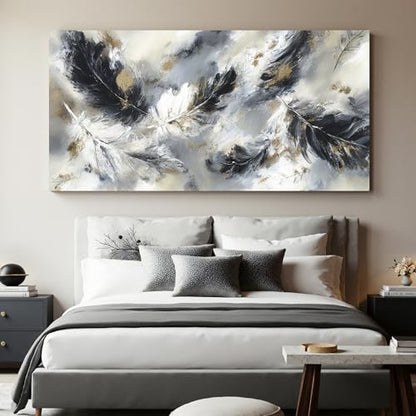 YISXINOAG Black White Abstract Wall Art Modern Feather Painting 29"X58" - color: black grey, size: 58"L x 29"W